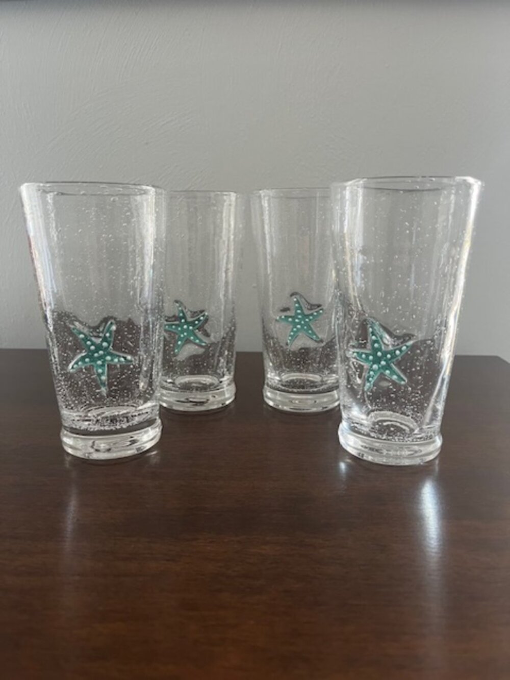 Starfish Glasses Tall Glassware Barware Seeded Glass Coastal Beachy - Set of 4